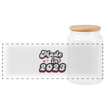 Hergestellt im Jahr 2023 Retro - Panorama Keksdose mit Holzdeckel - Weiß - Vorne