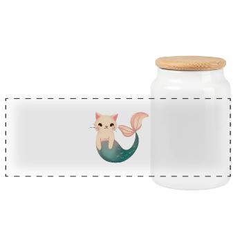 Cute Mermaid Cat - Panoramic Cookie Jar with Wooden Lid - white - Front