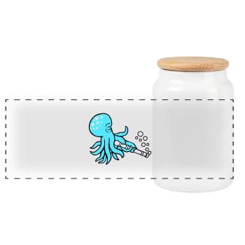 Octopus Flute Music Playing Bubbles Underwater - Panoramic Cookie Jar with Wooden Lid - white - Front