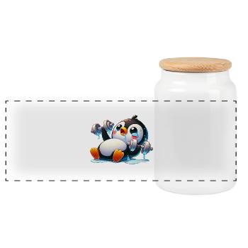 Funny Penguin with Dumbbell Fitness Cartoon - Panoramic Cookie Jar with Wooden Lid - white - Front