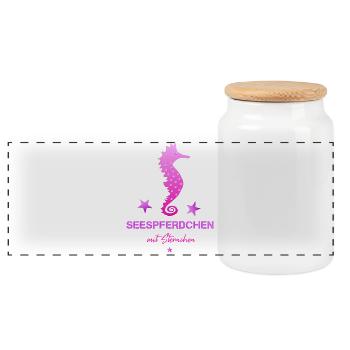 pink seahorse with asterisk swimming badge - Panoramic Cookie Jar with Wooden Lid - white - Front