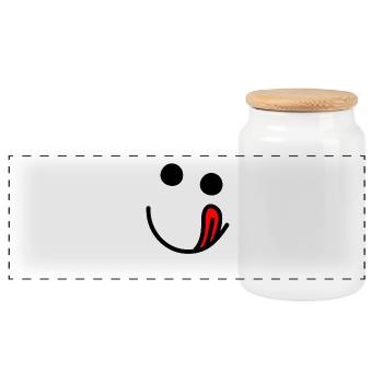 Tongue out - hungry happy face - Panoramic Cookie Jar with Wooden Lid - white - Front