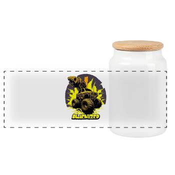 Monster truck with alien gripper arm with explosion - Panoramic Cookie Jar with Wooden Lid - white - Front
