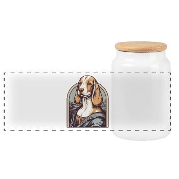 Lisa Gemälde Parody mit einem Beagle Hund - Panorama Keksdose mit Holzdeckel - Weiß - Vorne