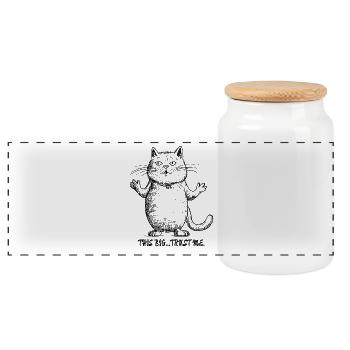so groß...glaub mir: Angeber Cartoon Katze - Panorama Keksdose mit Holzdeckel - Weiß - Vorne