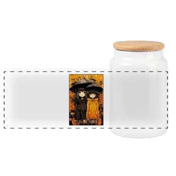 Friendship under the umbrella anime girl - Panoramic Cookie Jar with Wooden Lid - white - Front