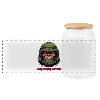 Damn: "Keep destroying demons" type - Panoramic Cookie Jar with Wooden Lid - white - Front
