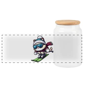 Cat Ski Skis Winter Vacation Winter Sports - Panoramic Cookie Jar with Wooden Lid - white - Front