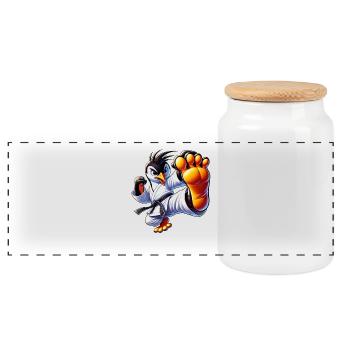 Mignon Pingouin Karaté Kick Dessin animé Arts Martiaux - Boîte à biscuits avec couvercle en bois - blanc - Devant