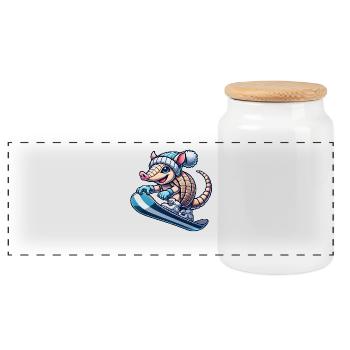 Cute Armadillo Snowboard Comic Winter Sports - Panoramic Cookie Jar with Wooden Lid - white - Front