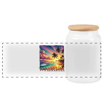 Waikiki Sunset Palm Trees Sea Beach - Panoramic Cookie Jar with Wooden Lid - white - Front