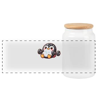 Cute Penguin Cartoon Weights Lifting Fitness - Panoramic Cookie Jar with Wooden Lid - white - Front