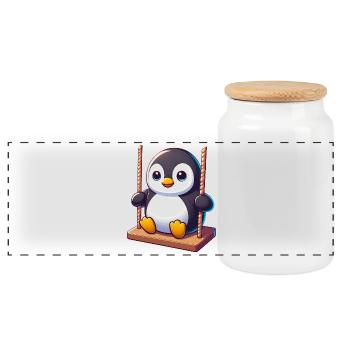 Cute Penguin on Swing Playground Cartoon - Panoramic Cookie Jar with Wooden Lid - white - Front