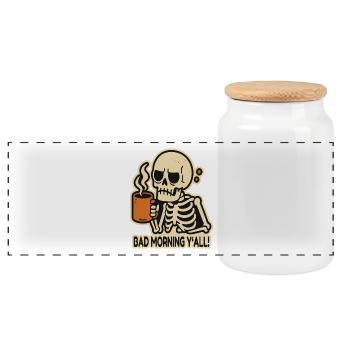 bad morning greeting, tired skeleton with coffee - Panoramic Cookie Jar with Wooden Lid - white - Front