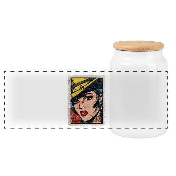 Pop Art Woman with Hat on Retro Comic Postage Stamp - Panoramic Cookie Jar with Wooden Lid - white - Front