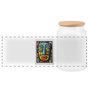 Bunte Maske im Tribal-Stil auf Briefmarke - Panorama Keksdose mit Holzdeckel - Weiß - Vorne