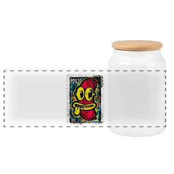 Freche Comic-Wurst mit Zunge auf Briefmarke - Panorama Keksdose mit Holzdeckel - Weiß - Vorne
