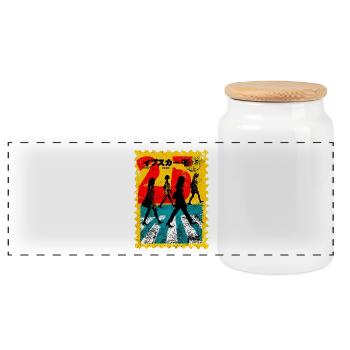Tokyo Zebra Crossing – Retro Postage Stamp - Panoramic Cookie Jar with Wooden Lid - white - Front