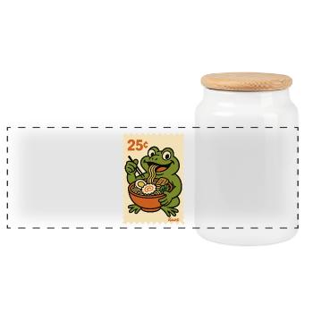 Happy frog with ramen on postage stamp - Panoramic Cookie Jar with Wooden Lid - white - Front