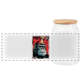 Gorilla with party hat on a postage stamp - Panoramic Cookie Jar with Wooden Lid - white - Front