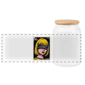 Femme avec bandeau sur les yeux en timbre pop art - Boîte à biscuits avec couvercle en bois - blanc - Devant