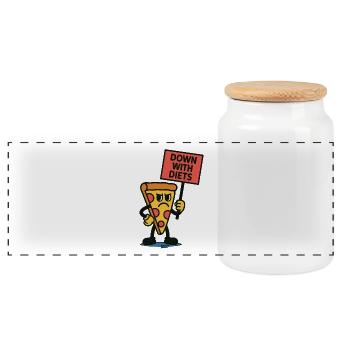 Pizza with a sign "Down with diets!" - Panoramic Cookie Jar with Wooden Lid - white - Front