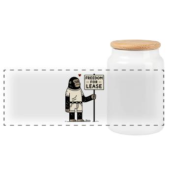 Freedom for Rent – Monkey with Shield - Panoramic Cookie Jar with Wooden Lid - white - Front