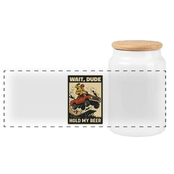 Hold My Beer Car Stunt Comic Motif - Panoramic Cookie Jar with Wooden Lid - white - Front