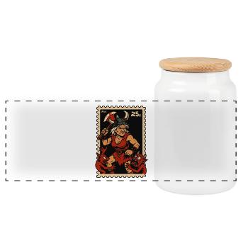Viking granny with axe fights red demons - Panoramic Cookie Jar with Wooden Lid - white - Front