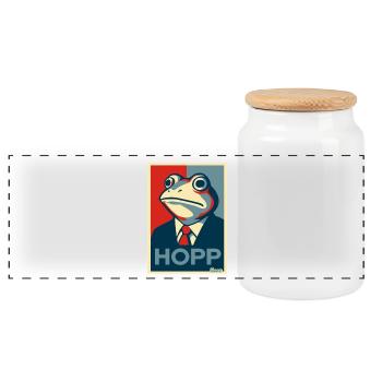 Frog in a suit with saying Hopp parody - Panoramic Cookie Jar with Wooden Lid - white - Front