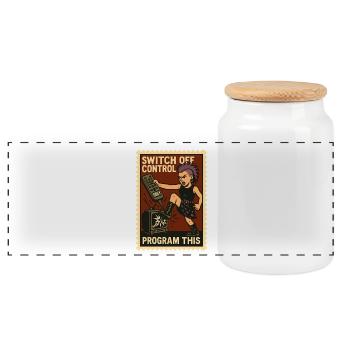 Punk kicks TV with remote control in hand - Panoramic Cookie Jar with Wooden Lid - white - Front