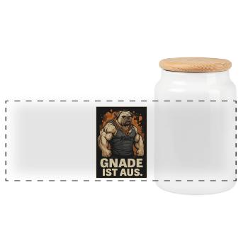 Muskulöser Kampfhund mit Spruch Gnade ist aus - Panorama Keksdose mit Holzdeckel - Weiß - Vorne