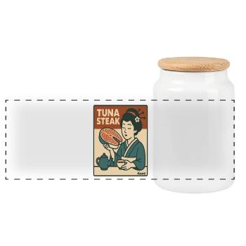 Geisha mit Thunfisch Steak Retro Japan Stil - Panorama Keksdose mit Holzdeckel - Weiß - Vorne