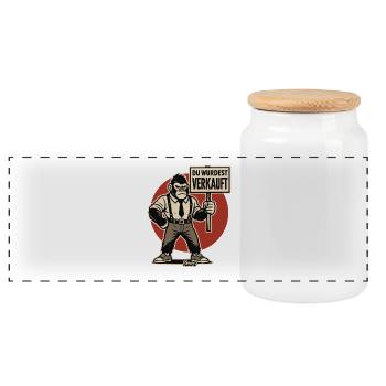 Angry gorilla with sign "You have been sold" - Panoramic Cookie Jar with Wooden Lid - white - Front
