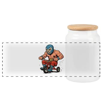 Lutteur avec masque sur tricycle - Boîte à biscuits avec couvercle en bois - blanc - Devant