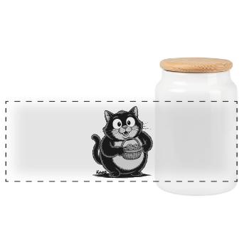Fat cat with biscuit snacks - Panoramic Cookie Jar with Wooden Lid - white - Front