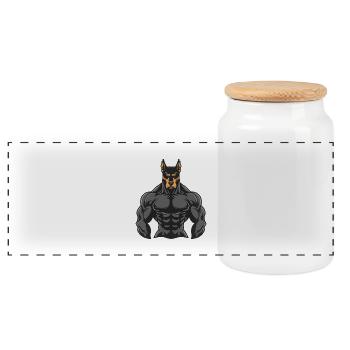 Doberman Dog Muscles Bodybuilding - Panoramic Cookie Jar with Wooden Lid - white - Front