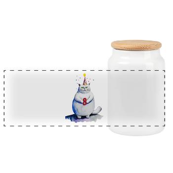 Cool Fat White Cat Celebrates 8 Kids - Panoramic Cookie Jar with Wooden Lid - white - Front