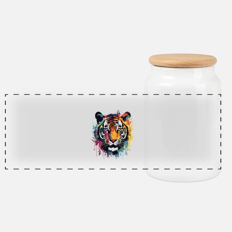 Tiger Tier Pop Art Kopf - Panorama Keksdose mit Holzdeckel - Weiß