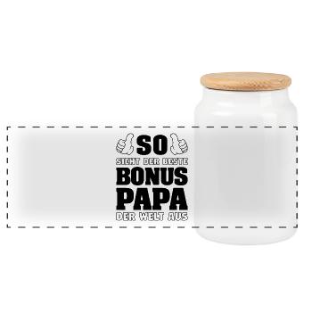 Bonus Papa Vatertag Stiefvater Stiefpapa Geschenk - Panorama Keksdose mit Holzdeckel - Weiß - Vorne