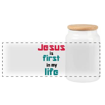 Jesus is first in my life - Panoramic Cookie Jar with Wooden Lid - white - Front
