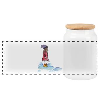 Girl plays in the rain and jumps into a puddle - Panoramic Cookie Jar with Wooden Lid - white - Front