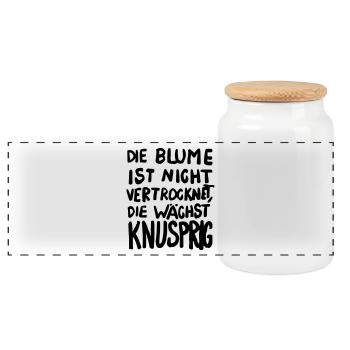 Blume ist nicht vertrocknet, die wächst knusprig - Panorama Keksdose mit Holzdeckel - Weiß - Vorne