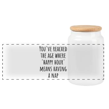 “Happy Hour” Means Nap Time – Funny Retirement Gif - Panoramic Cookie Jar with Wooden Lid - white - Front
