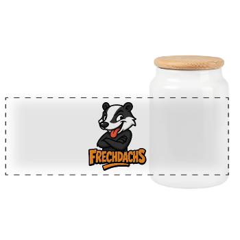 Frechdachs Cartoon Badger Motiv - Panorama Keksdose mit Holzdeckel - Weiß - Vorne
