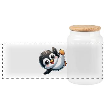 Penguin Handstand Breakdance Cartoon - Panoramic Cookie Jar with Wooden Lid - white - Front