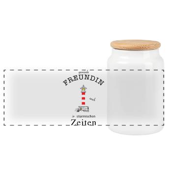 Für eine geniale Freundin Leuchtturm Handzeichnung - Panorama Keksdose mit Holzdeckel - Weiß - Vorne