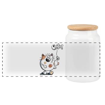 Cat with a fish balloon - Panoramic Cookie Jar with Wooden Lid - white - Front