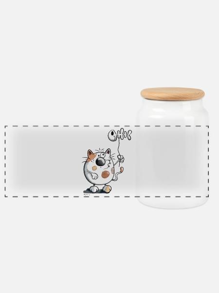 Katze mit Ballon Fisch - Panorama Keksdose mit Holzdeckel - Weiß