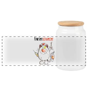 Happy Krankenschwester Katze - Comic - Panorama Keksdose mit Holzdeckel - Weiß - Vorne